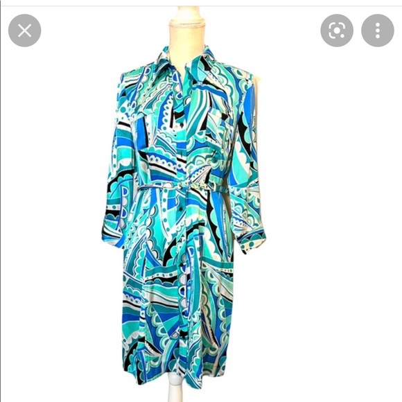 Boston Proper 100% Silk Blue, Green, White, and Black Printed Dress Size 2 - Picture 3 of 7
